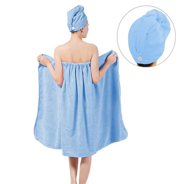 Women Soft Spa Bath Body Wrap Set Towel Bathrobe With Fast Dry Hair Drying Cap 