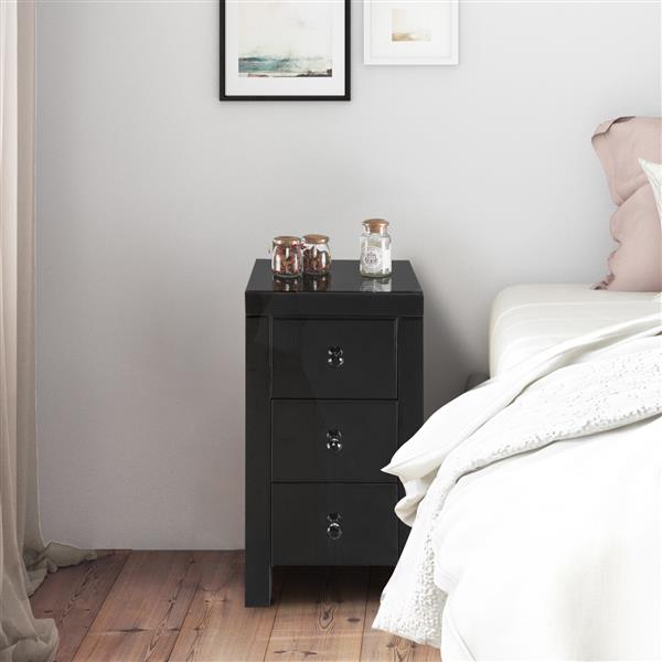 [US-W]Mirrored Glass Bedside Table with Three Drawers Black 