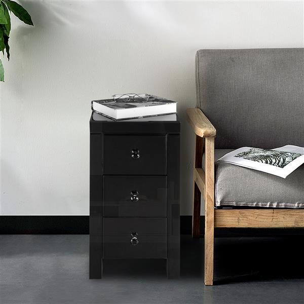 [US-W]Mirrored Glass Bedside Table with Three Drawers Black 