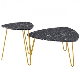 [84 x 83 x 46]cm Marble Iron Foot Coffee Table Side Table Set of 2 Black