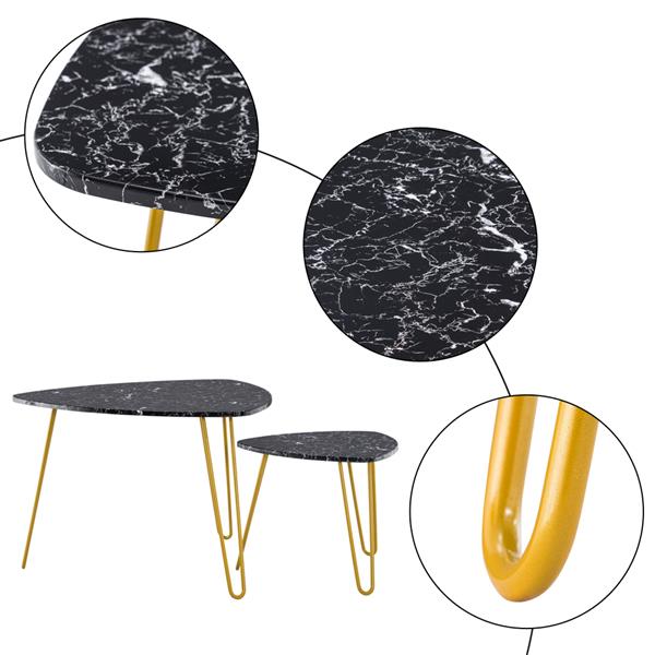 [84 x 83 x 46]cm Marble Iron Foot Coffee Table Side Table Set of 2 Black 