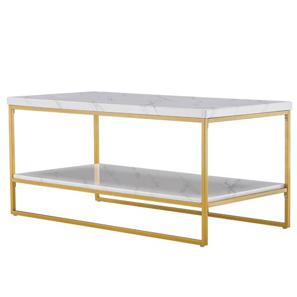 (106 x 50 x 48cm) Simple Double-layer Golden Iron Pipe Marble PVC Coffee Table Rectangular 