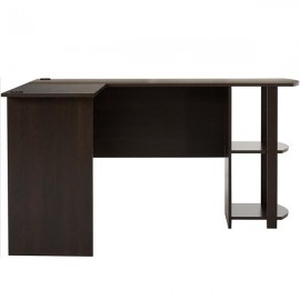 FCH L-Shaped Wood Right-angle Computer Desk with Two-layer Bookshelves Dark Brown
